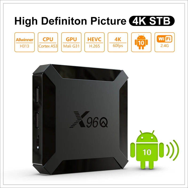 Boîtier TV Android 10 X96Q, lecteur d'affichage numérique quadricœur Allwinner H313 avec télécommande Bluetooth et processeur Allwinner H313