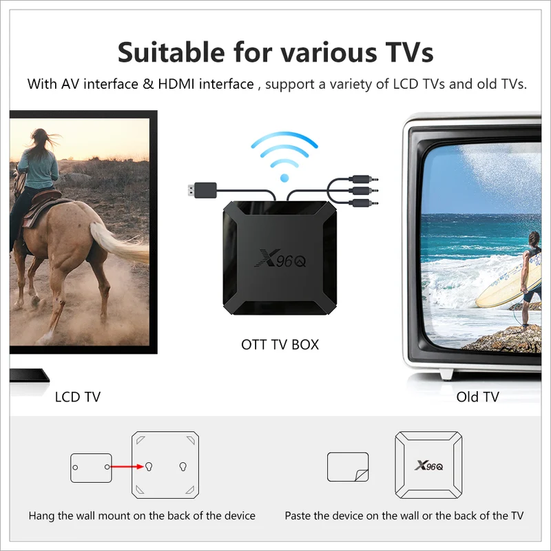 Boîtier TV Android 10 X96Q, lecteur d'affichage numérique quadricœur Allwinner H313 avec télécommande Bluetooth et processeur Allwinner H313