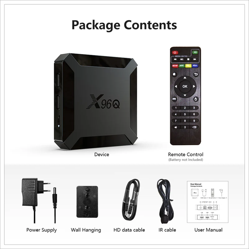 Boîtier TV Android 10 X96Q, lecteur d'affichage numérique quadricœur Allwinner H313 avec télécommande Bluetooth et processeur Allwinner H313