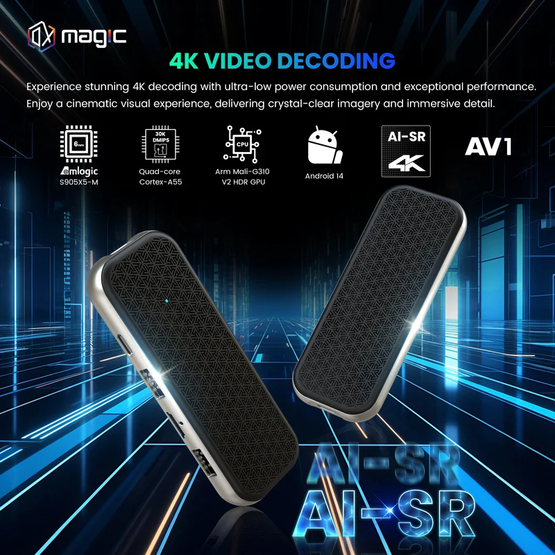 Clé TV Android 14 quadricœur Amlogic S905X5M AI-SR nouvelle génération 4K
