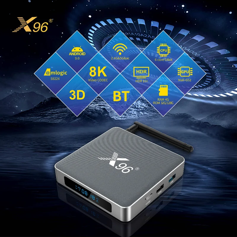 Boîtier TV 96K X9 Amlogic S922X Hexa Core 4K S922X Android avec lecteur d'affichage numérique