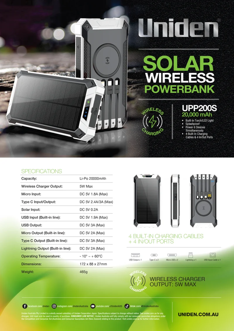 Uniden 20000mAh Wireless Solar Power Bank