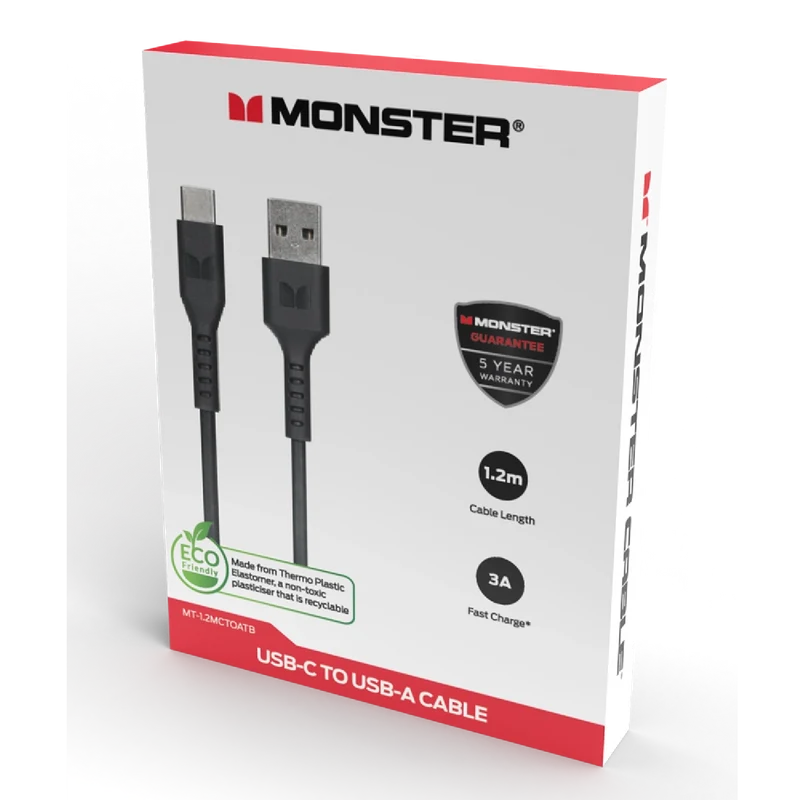 Monster TPE USB-C to USB-A 1.2M Cable Black