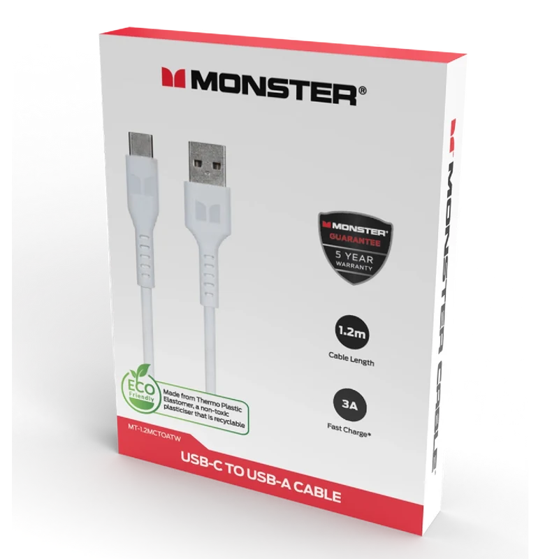Monster TPE USB-C to USB-A 1.2M Cable White