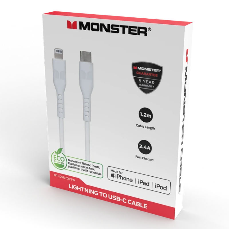 Monster TPE Lightning to USB-C 1.2M Cable White