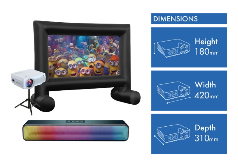Laser 1080P Projector Bundle with 144" Inflatable Screen, Soundbar, Projector Stand