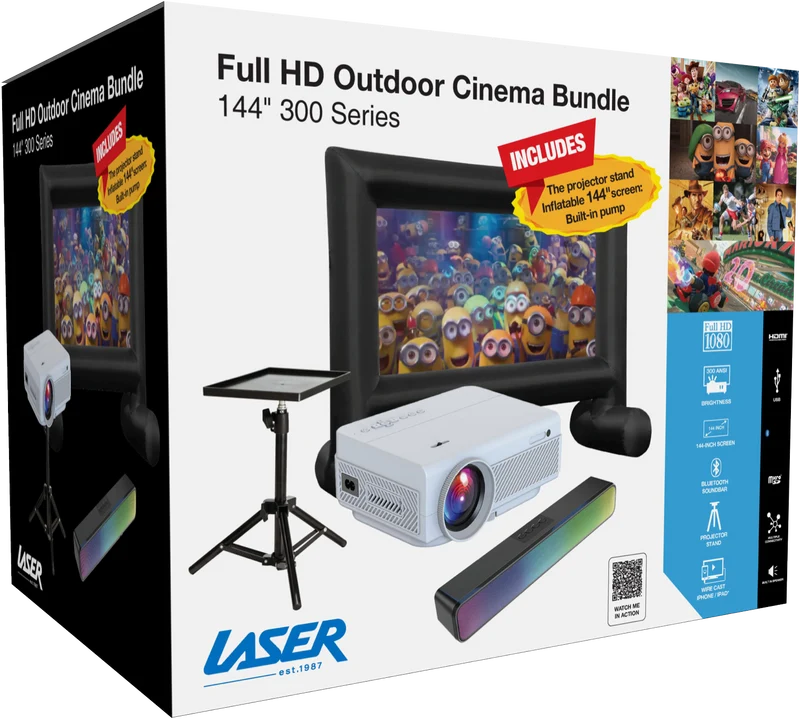 Laser 1080P Projector Bundle with 144" Inflatable Screen, Soundbar, Projector Stand
