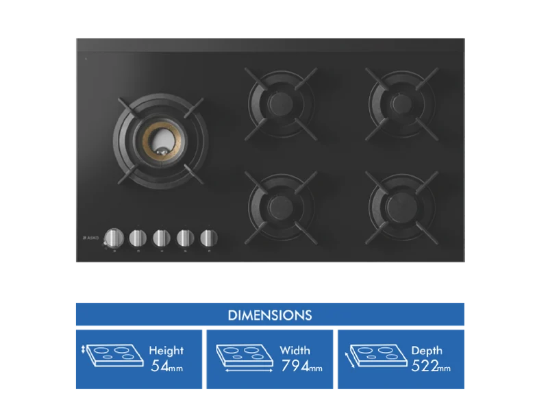 ASKO 90cm 5 Burner Gas on Glass Volcano Cooktop - Black
