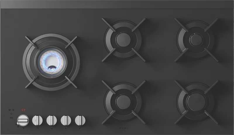 ASKO 90cm 5 Burner Gas on Glass Volcano Cooktop - Matte Black