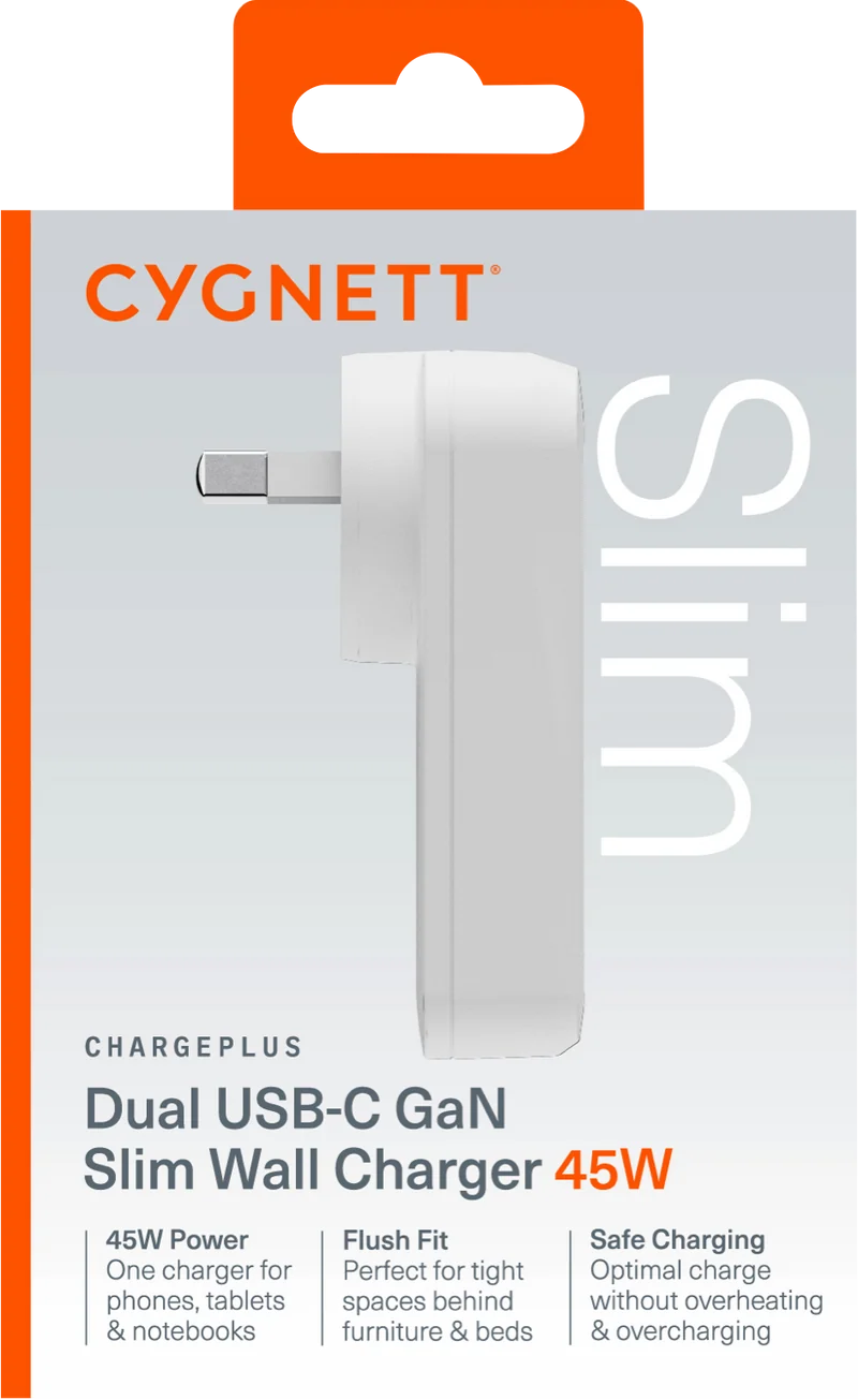 Cygnett ChargePlus Dual USB-C Slim Wall Charger 45W AU - White