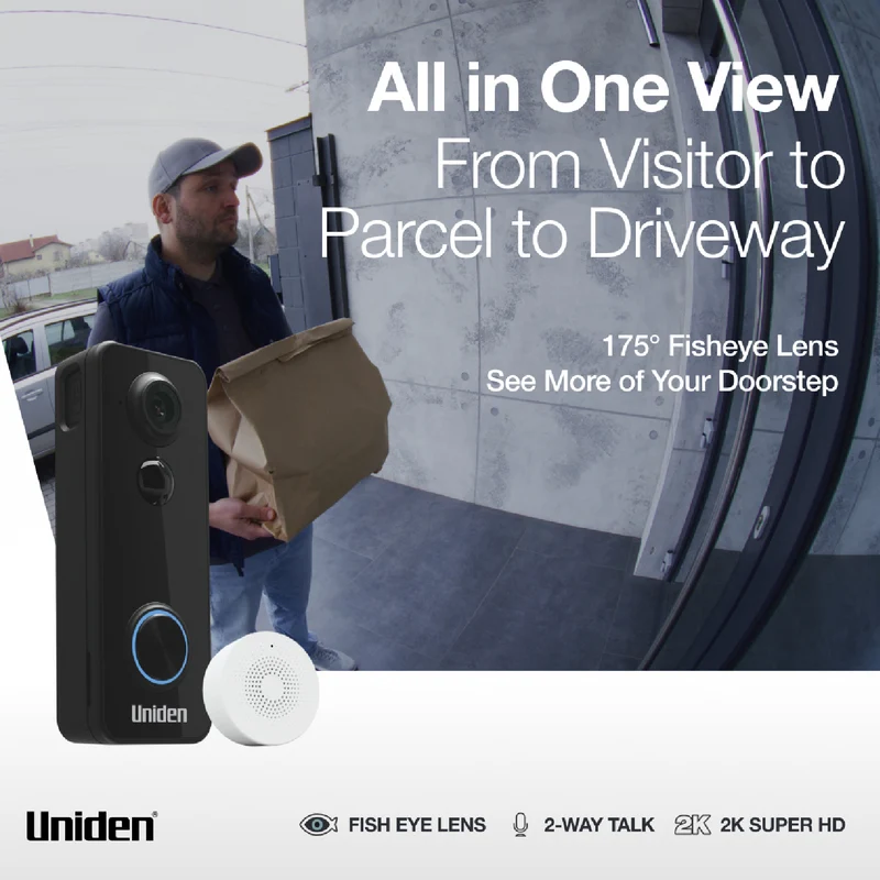 Uniden 2K Fisheye Battery Doorbell & Chime
