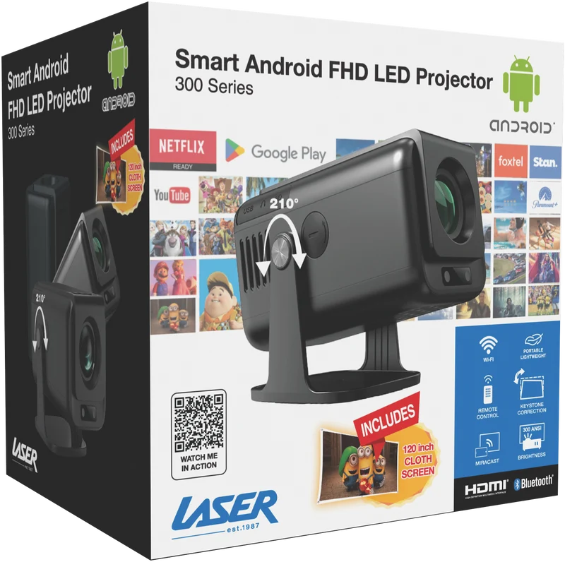 Laser 1080p Android Multi-Angle Tube LED Projector Black 2025