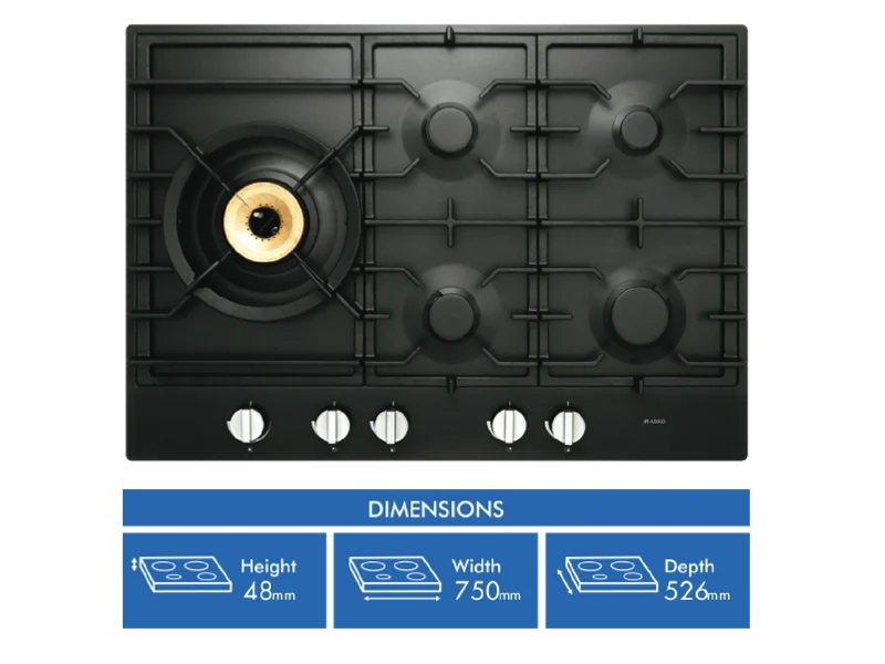 ASKO 75cm 5 Burner Gas Cooktop - Graphite Black