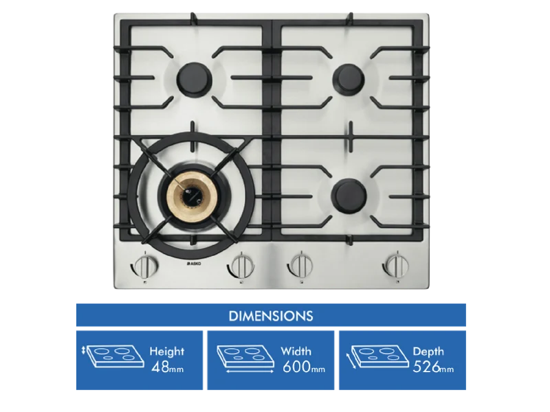 ASKO 60cm 4 Burner Gas Cooktop - Stainless Steel