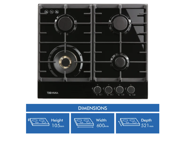 Technika 60cm Black Glass Gas Cooktop
