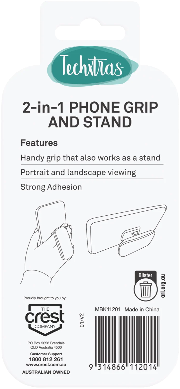 Techxtras 2-in-1 Phone Grip Stand (Black)